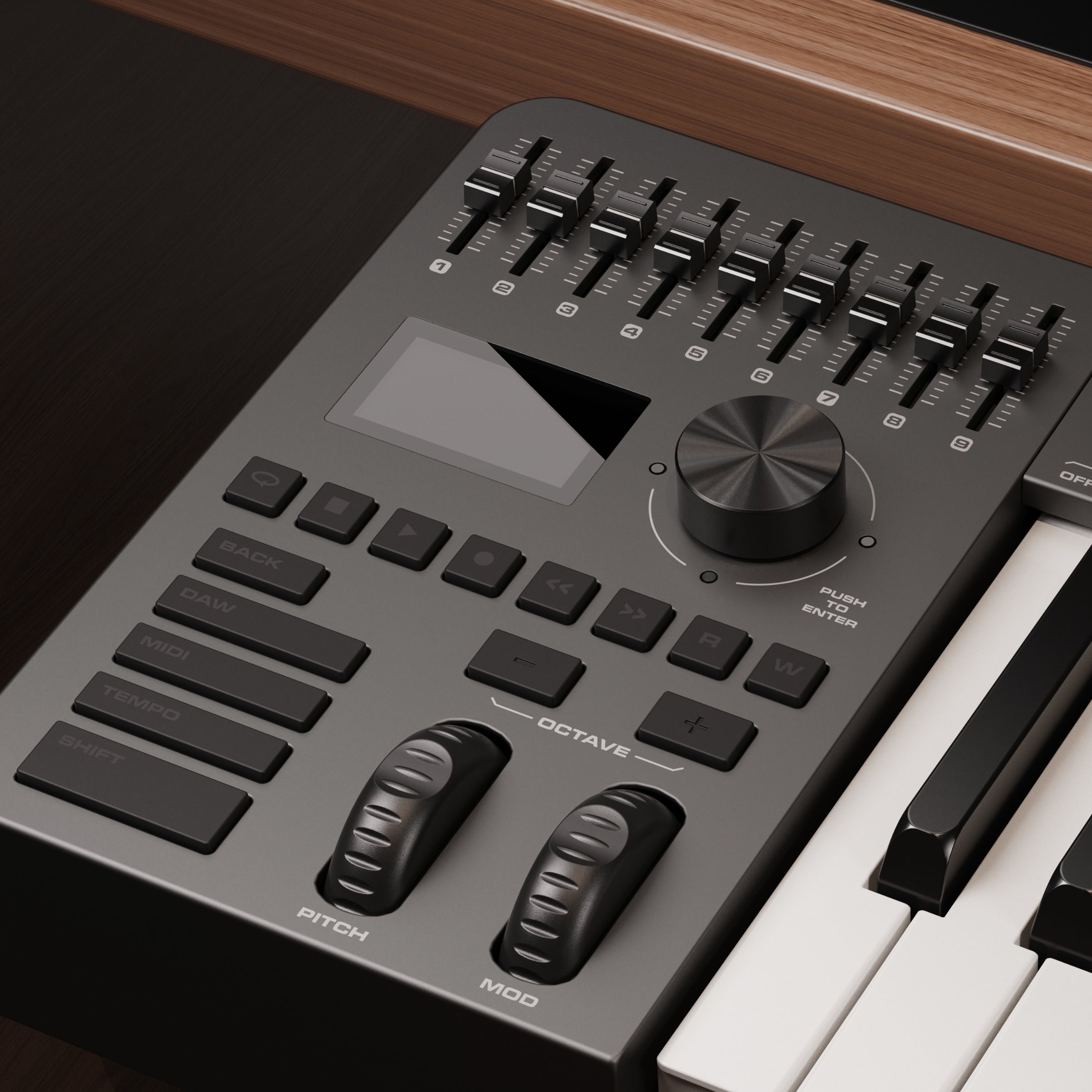 Control panel with buttons, knobs, and a display on the NUX NTK-37