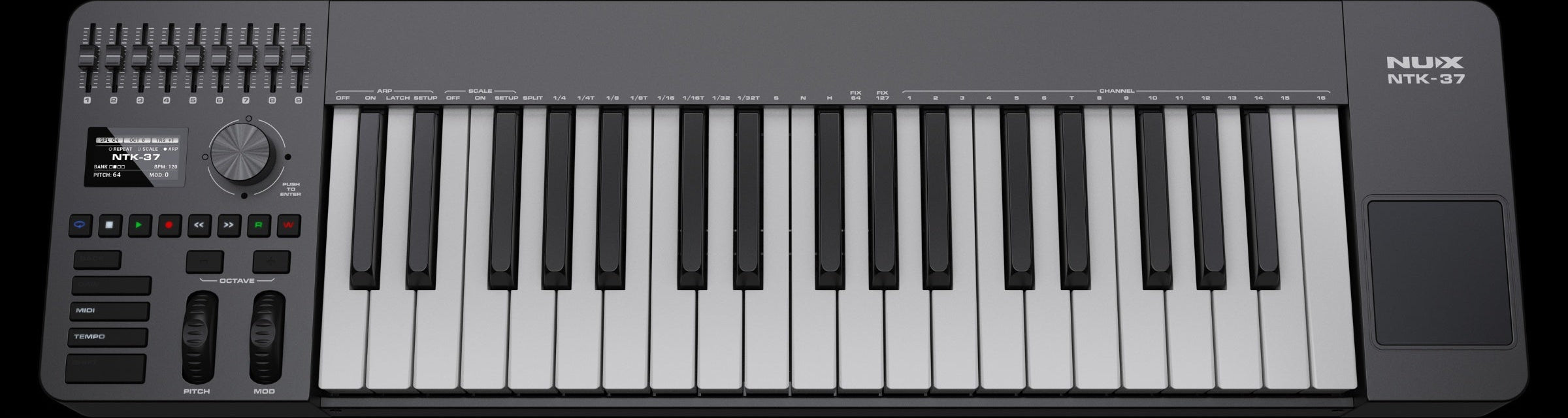 Keyboard controller with Nux branding on a black background