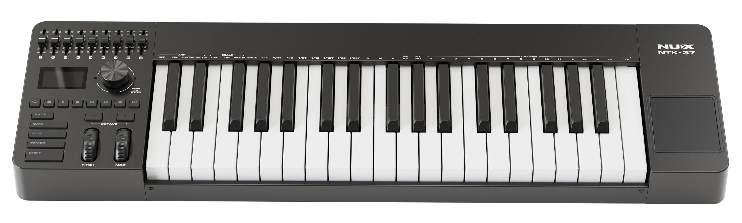 Black and white keyboard controller with NUX NTK-37 branding on a white background