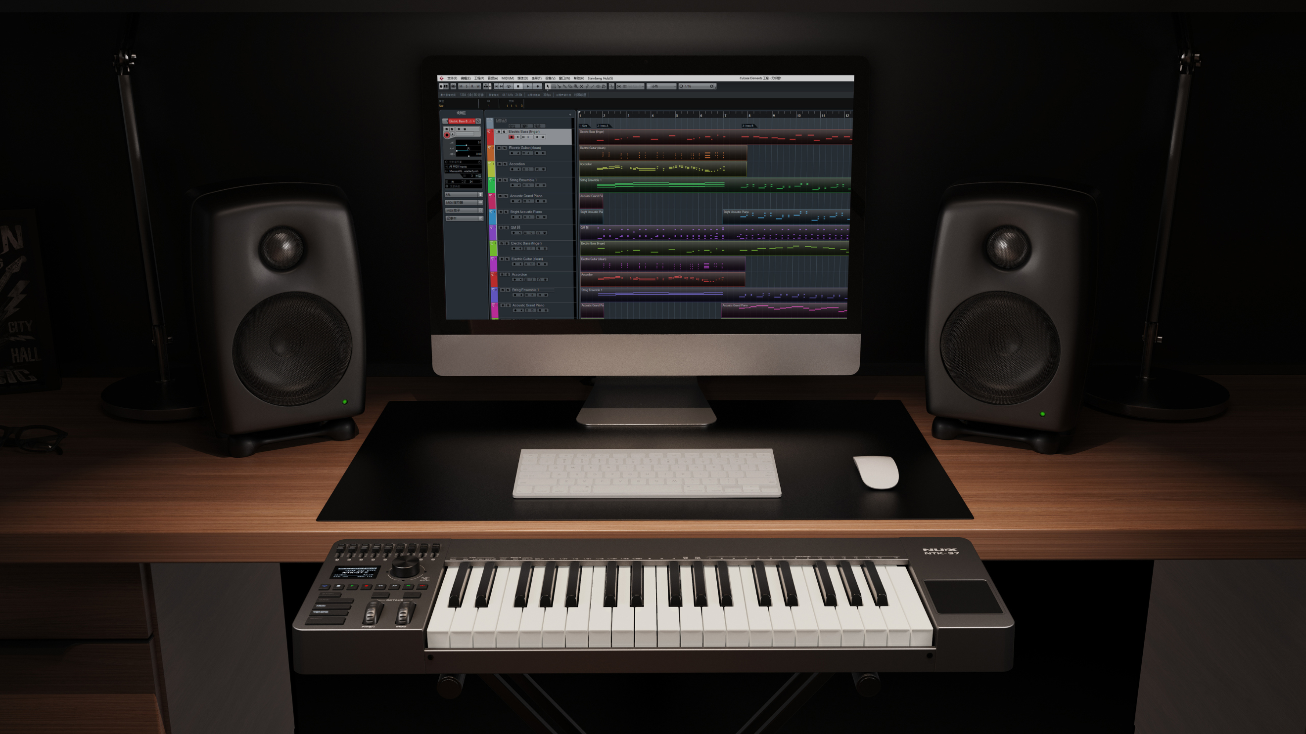 Music production setup with a computer, NUX NTK-37 keyboard controller, and speakers on a desk.