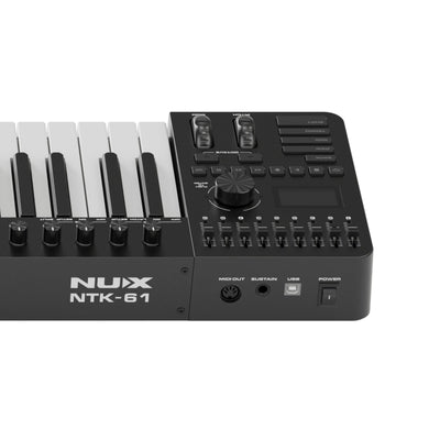 Black NUX NTK-61 keyboard controller back panel showing MIDI port and other IO options