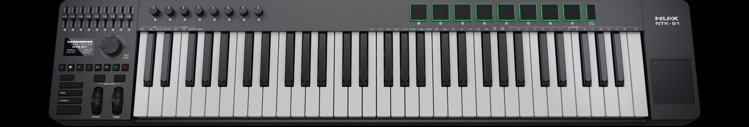 nux Black electronic keyboard with keys and control panel on a white background