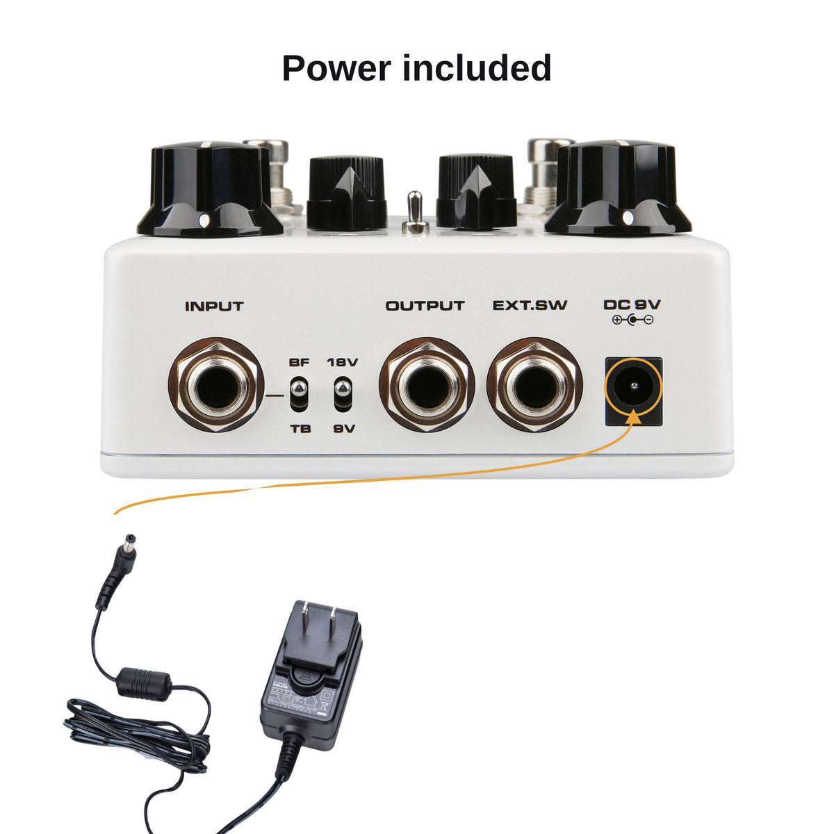 ACD-006A power adapter plugging into the Ace of Tone 9V DC input