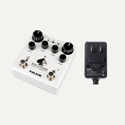 NUX Ace of Tone angled view next to the ACD-006A power adapter