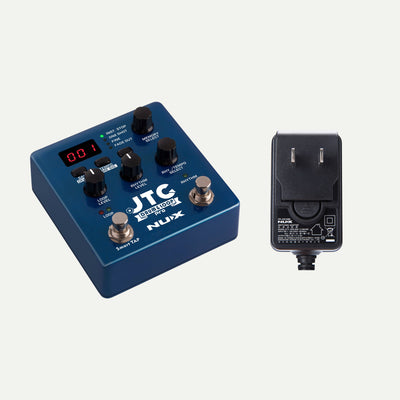 NUX JTC Drum & Loop Pro angled view next to the ACD-006A power adapter