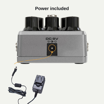 ACD-006A power adapter plugging into the Komp Core Deluxe MKII 9V DC input