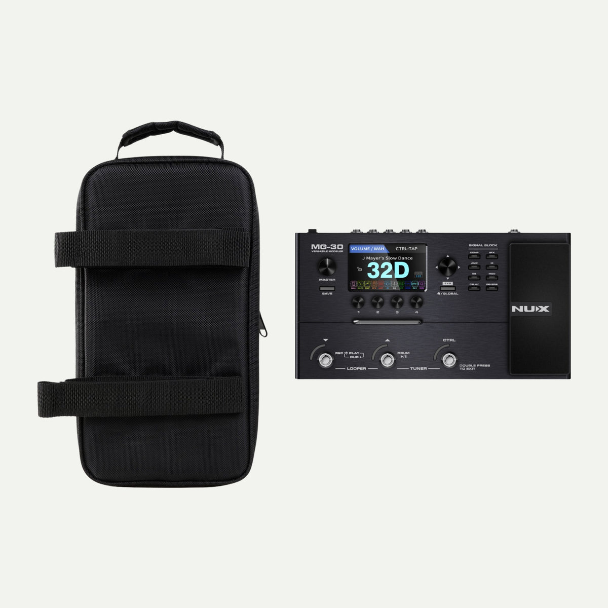 Back of the gig bag with two straps next to the MG-30