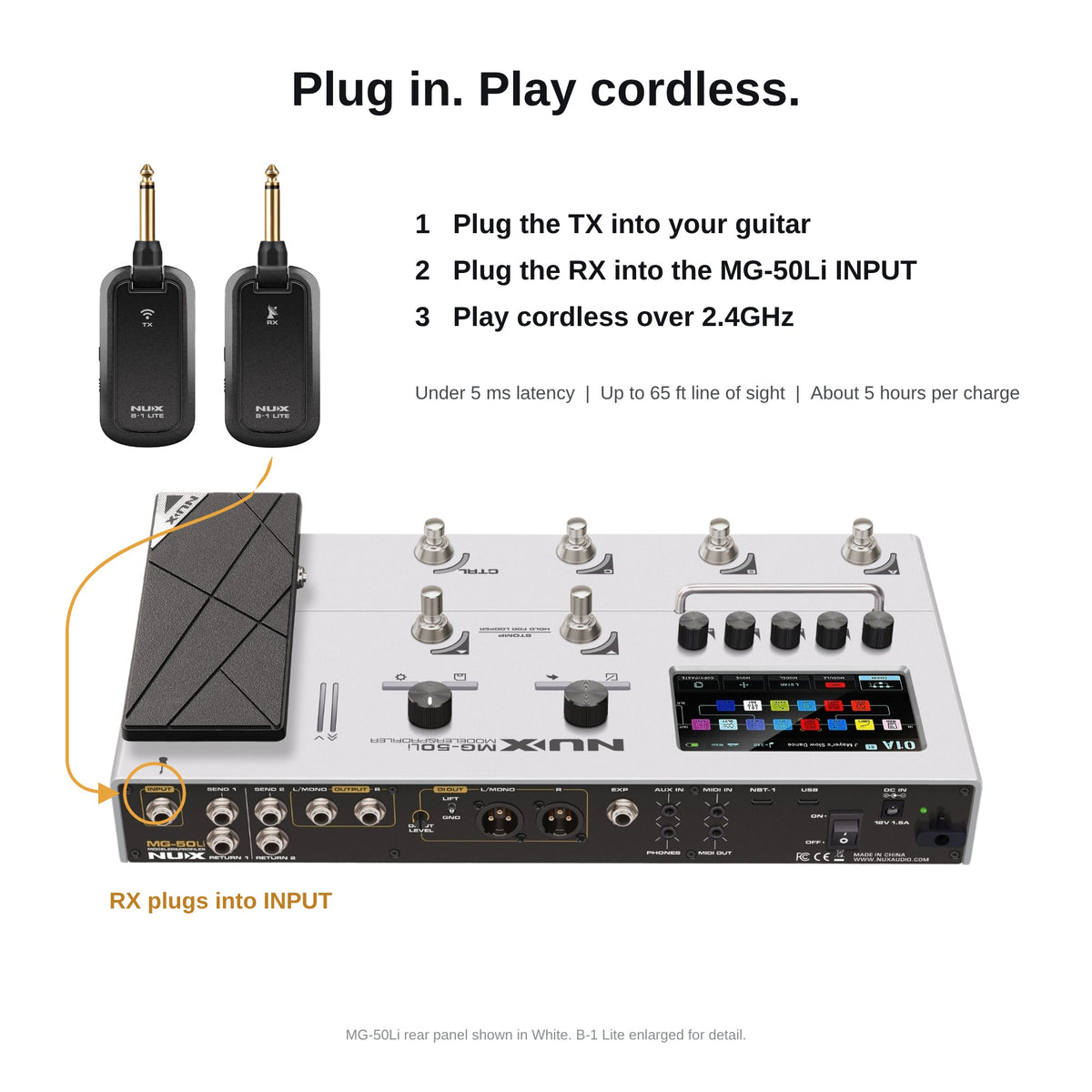 B-1 Lite receiver plugging into the MG-50Li input for cordless play