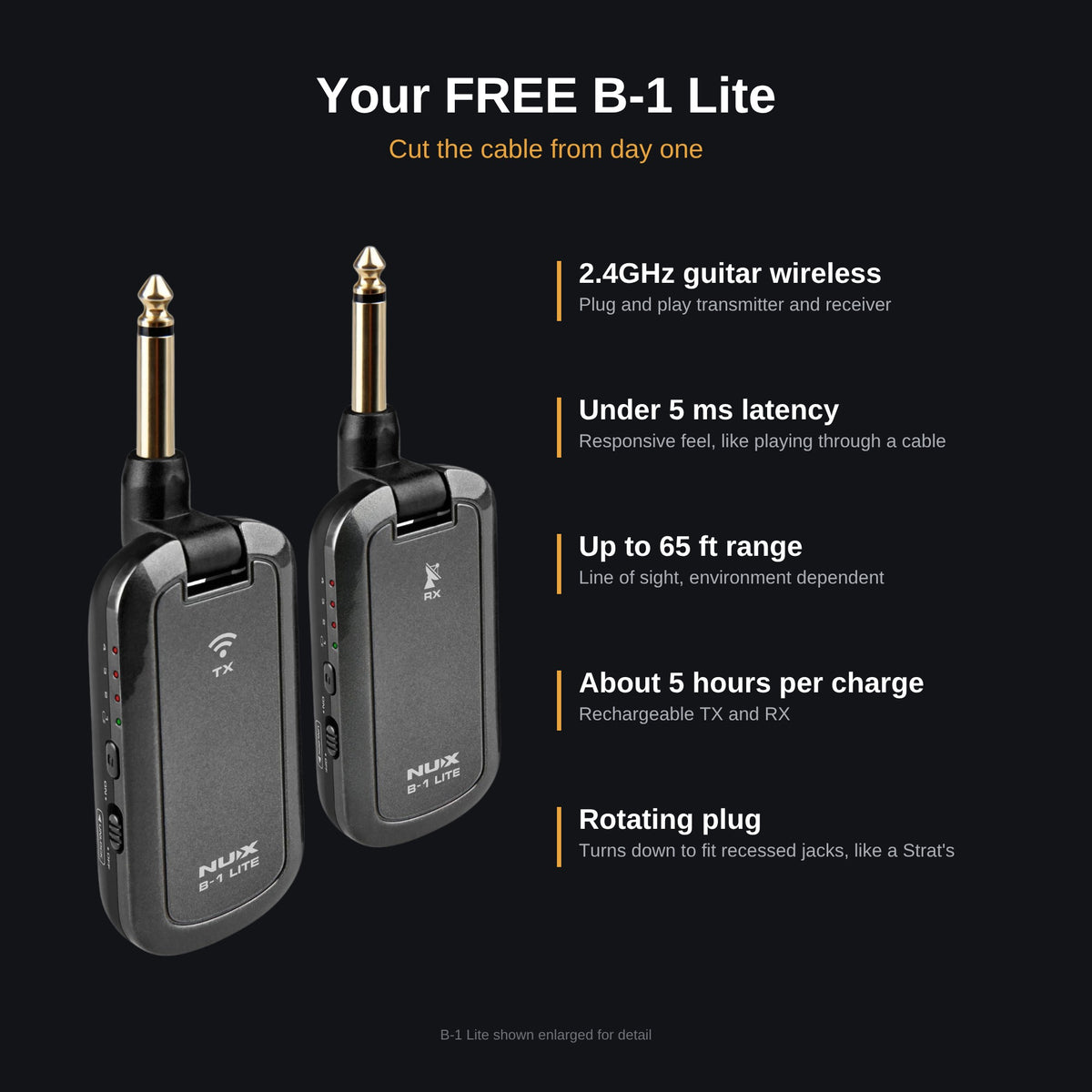 B-1 Lite features: 2.4GHz, under 5 ms latency, up to 65 ft range, about 5 hours per charge