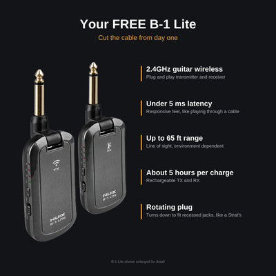 B-1 Lite features: 2.4GHz, under 5 ms latency, up to 65 ft range, about 5 hours per charge