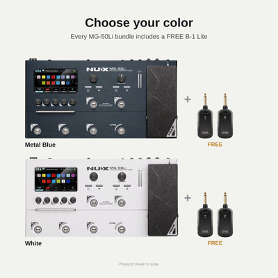 MG-50Li bundle color options Metal Blue and White, each with a FREE B-1 Lite