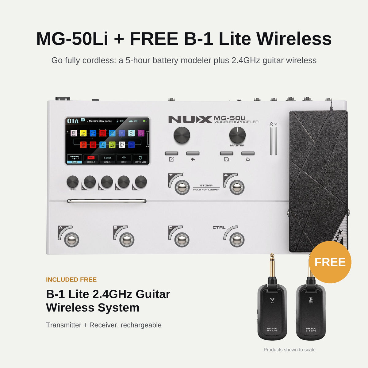MG-50Li White plus FREE B-1 Lite 2.4GHz guitar wireless bundle
