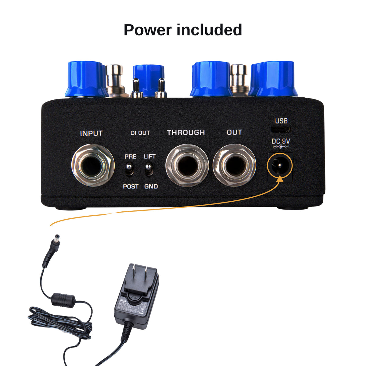 ACD-006A power adapter plugging into the MLD Bass Preamp & DI 9V DC input