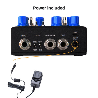 ACD-006A power adapter plugging into the MLD Bass Preamp & DI 9V DC input