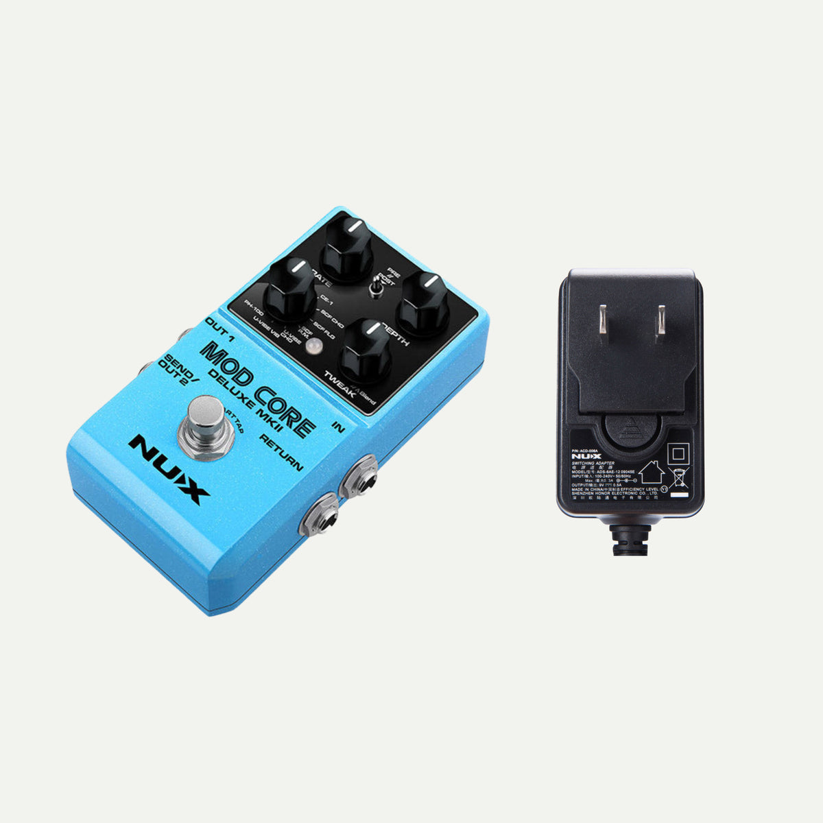 NUX Mod Core Deluxe MKII angled view next to the ACD-006A power adapter