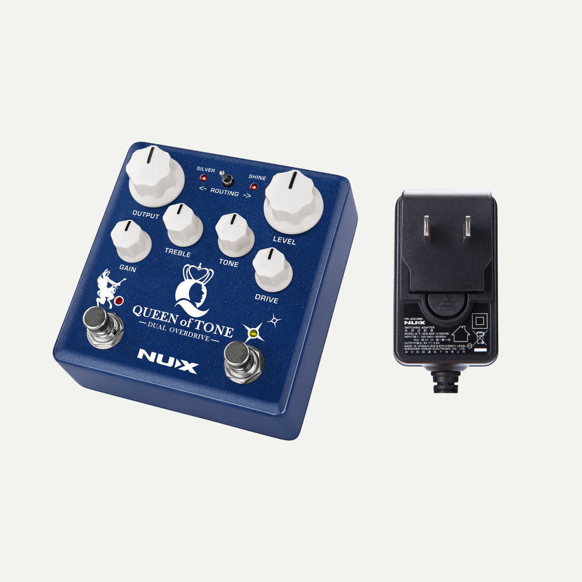 NUX Queen of Tone angled view next to the ACD-006A power adapter