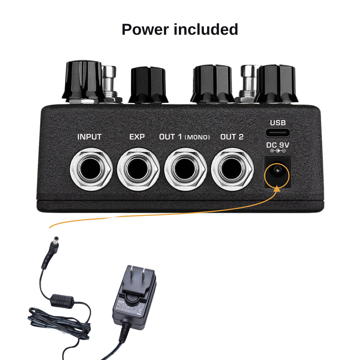 ACD-006A power adapter plugging into the Tape Echo 9V DC input