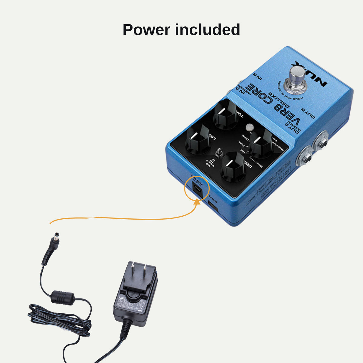ACD-006A power adapter plugging into the Verb Core Deluxe 9V DC input