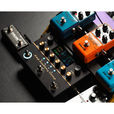 NUX amp academy stomp next to NUX mini core pedals and a footswitch