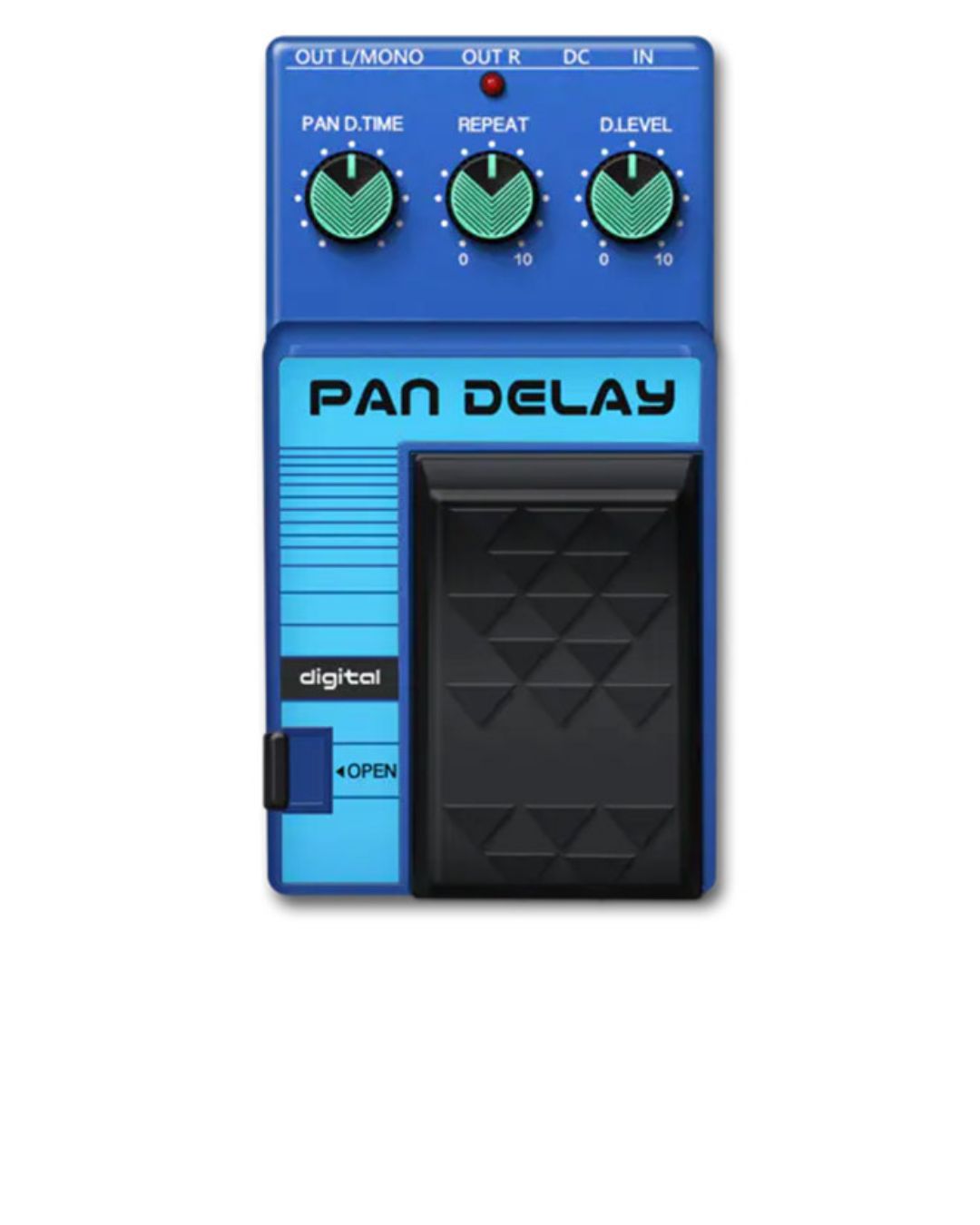 Blue Pan Delay guitar effects pedal with green knobs on a white background