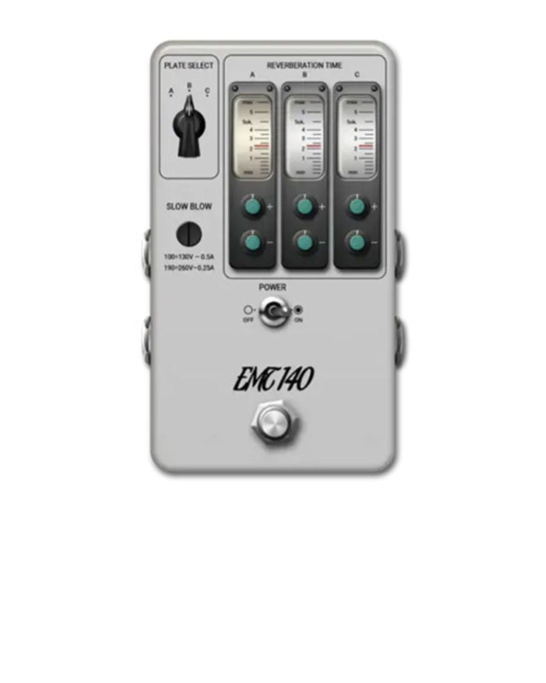 Guitar effects pedal with control knobs and 'EMC140' branding on a white background