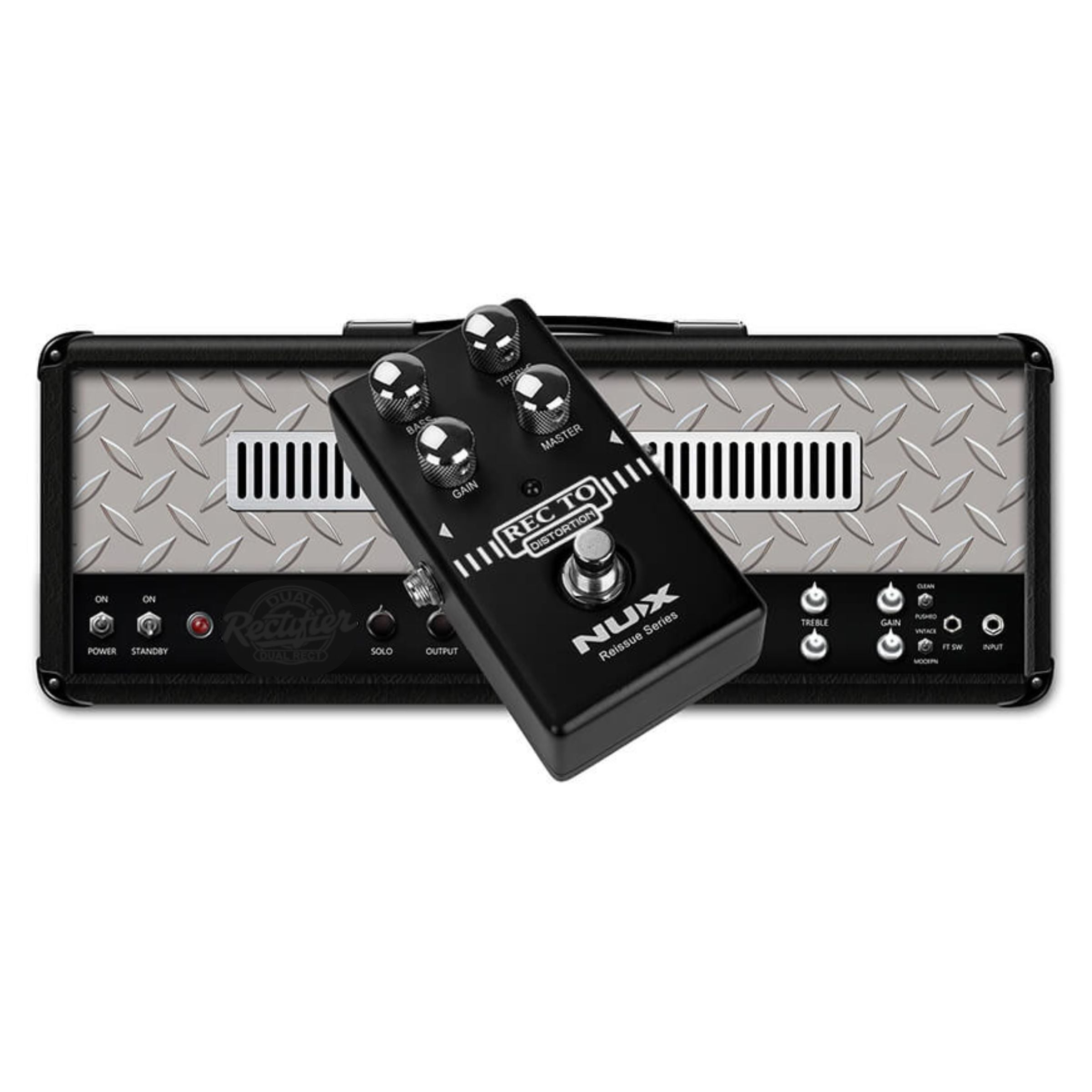 Guitar amplifier head and pedal with NUX branding on a white background