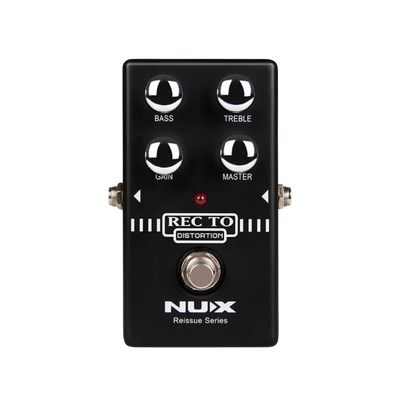 Guitar effects pedal with NUX brand name and Rec To d on a white background