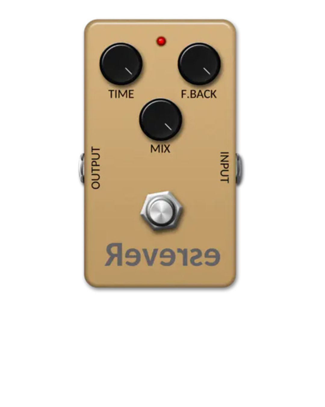 Guitar effects pedal with knobs and a brand logo on a white background