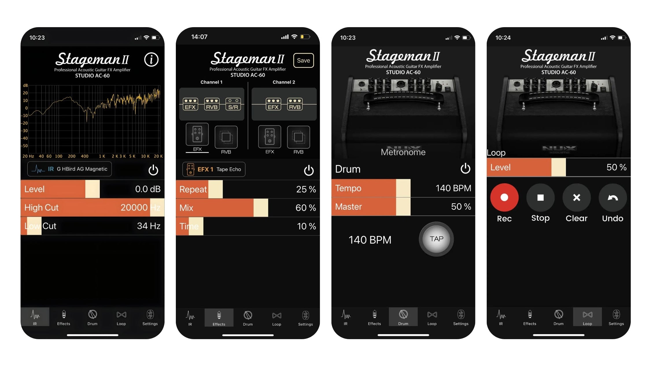 Four smartphone screens displaying the NUX stageman II music production app interface.