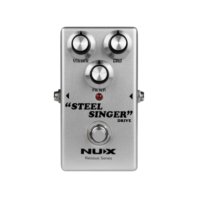 Guitar effects pedal with 'Steel Singer' and Nux branding on a white background