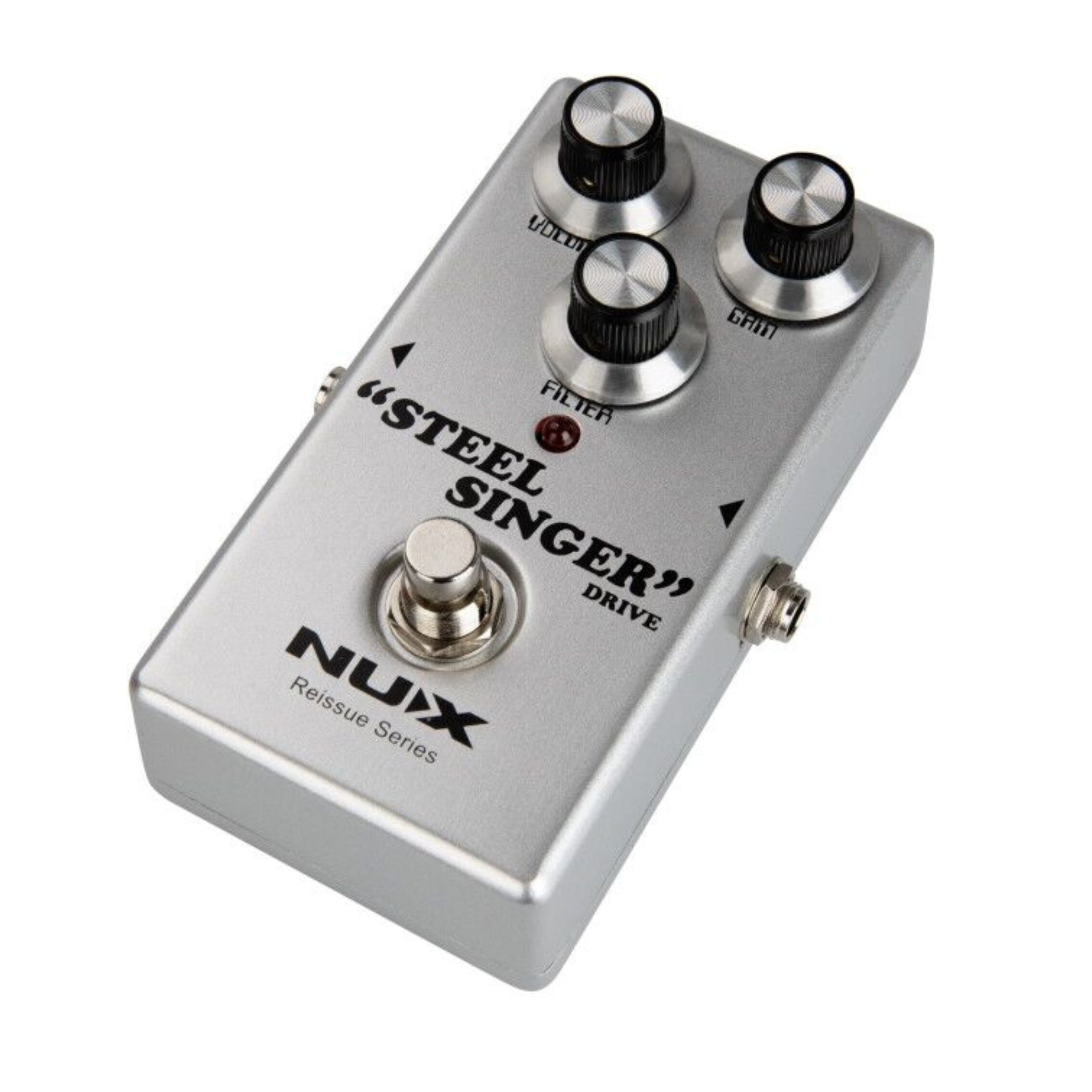 Guitar effects pedal with 'Steel Singer' and 'Nux' branding on a white background
