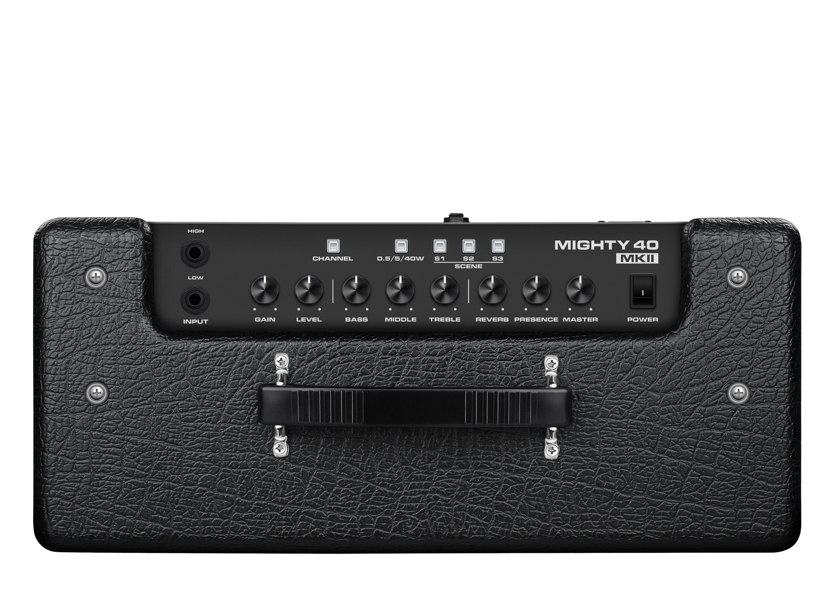 black nut mighty 40 amp top view showing all the controls and input plugs