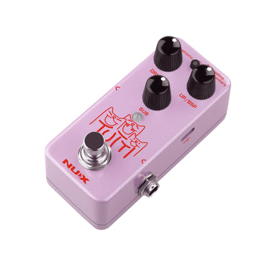 Purple NUX Tutti mini core effects pedal with in line showing