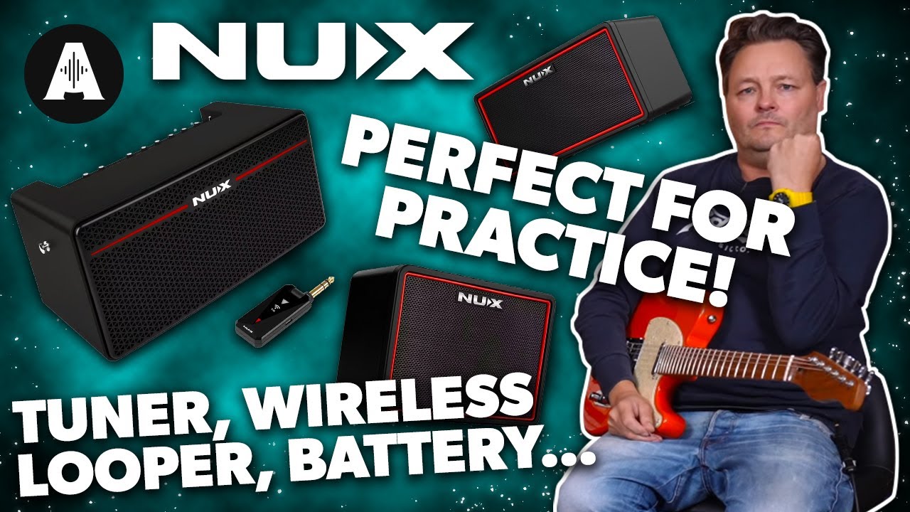 Nux guitar amplifier with a person holding a guitar, text 'Perfect for Practice!' and 'Tuner, Wireless Looper, Battery'.