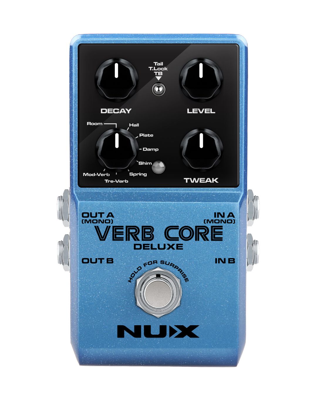 Blue Nux Verb Core Deluxe guitar effects pedal on a white background