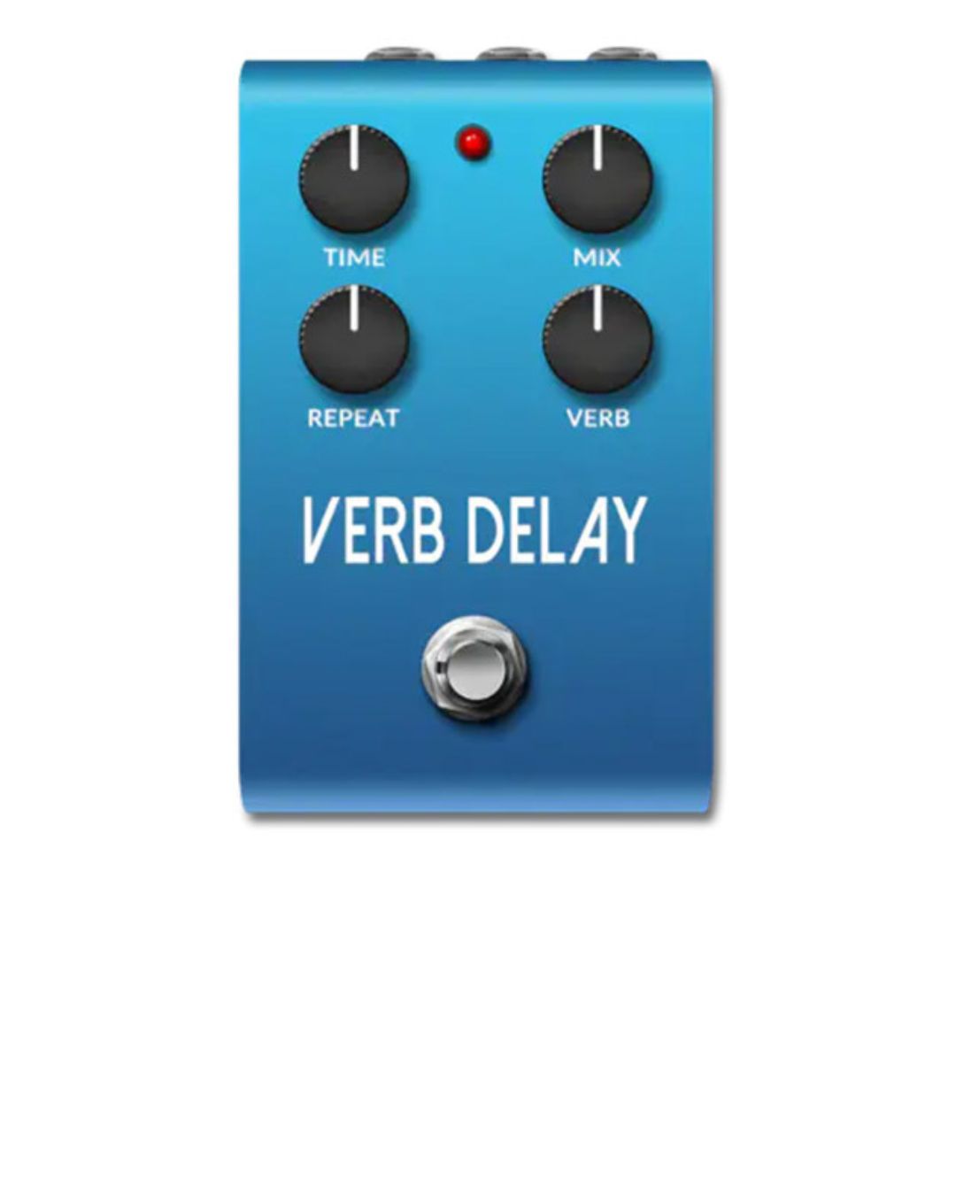 Blue guitar effects pedal with 'Verb Delay' text on a white background