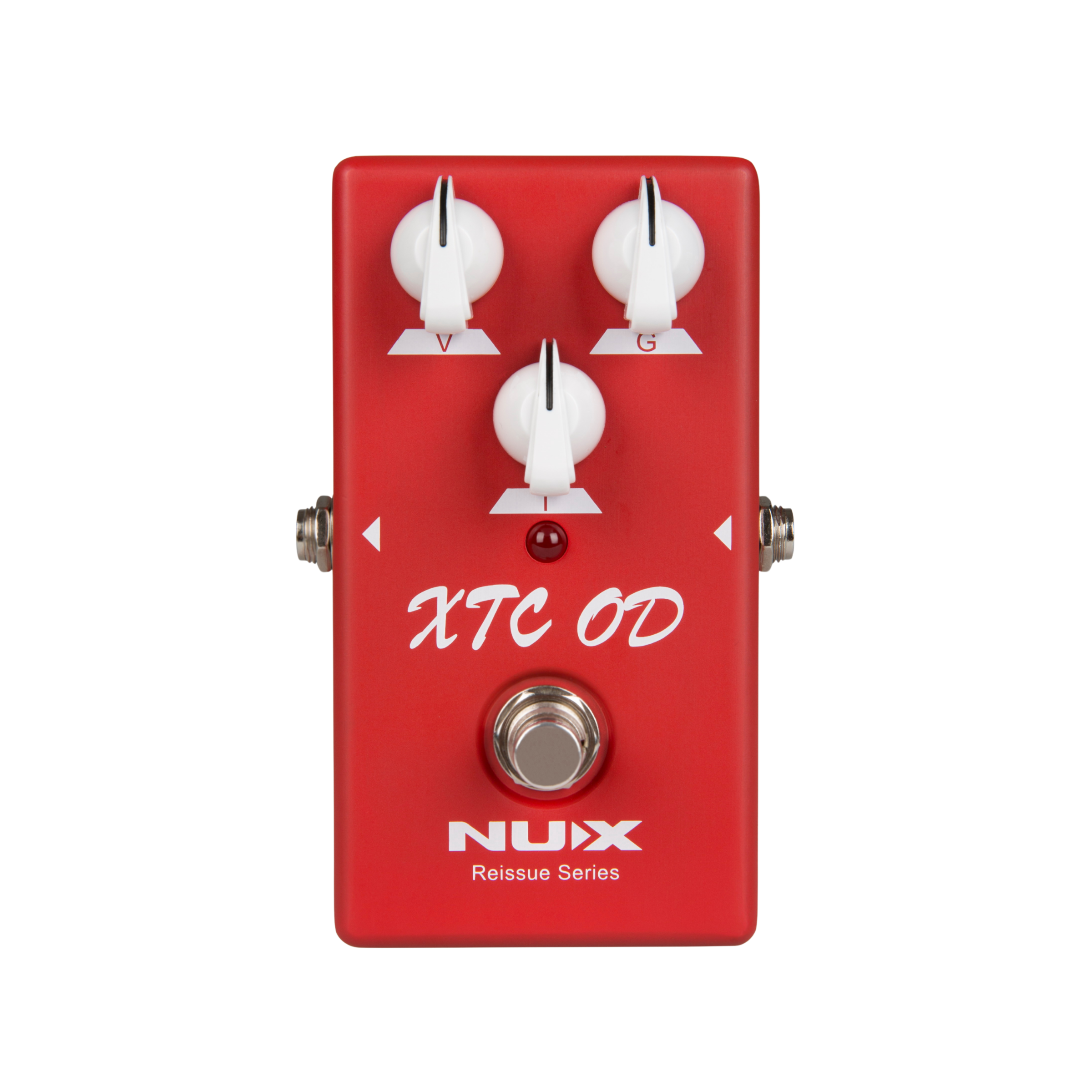 Red NUX guitar effects pedal with three knobs and a footswitch on a white background