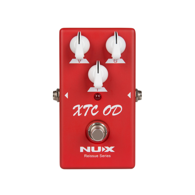 Red NUX guitar effects pedal with three knobs and a footswitch on a white background