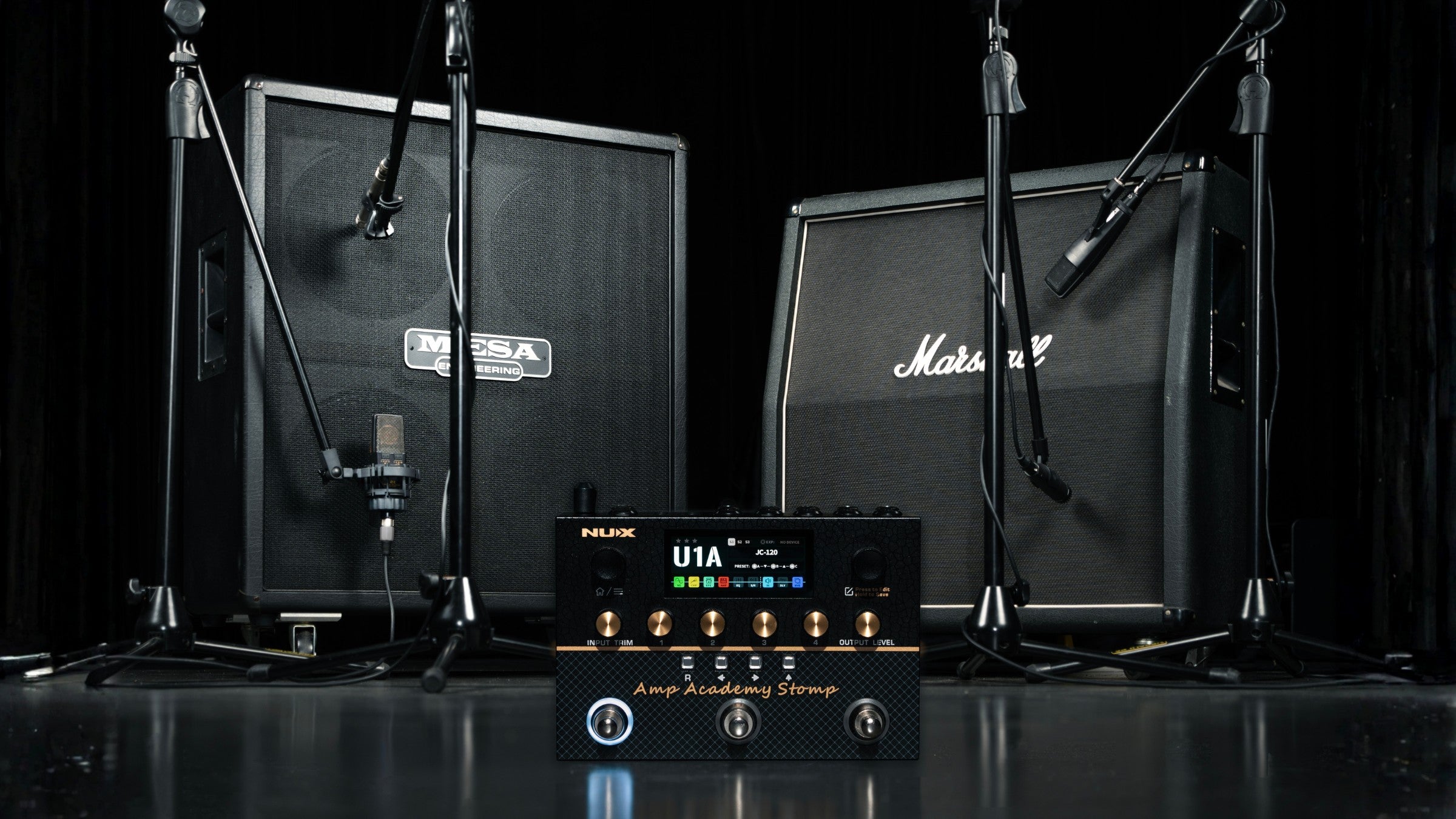 Audio setup with microphone recording two amp behind NUX amp academy stomp