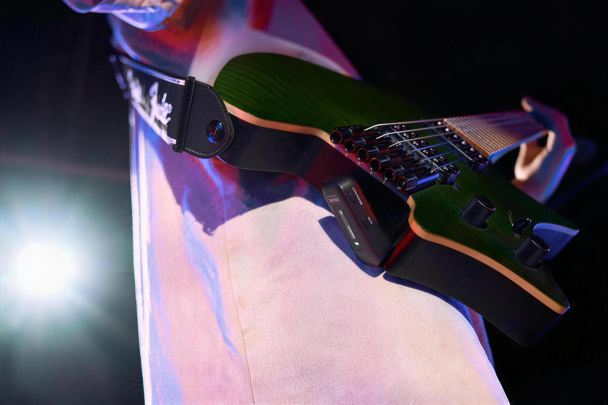 NUX C-58RC transmitter on a headless electric guitar