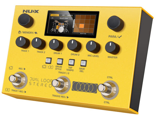 Yellow NUX dual loop stereo with lcd screen showing the drum kit interface
