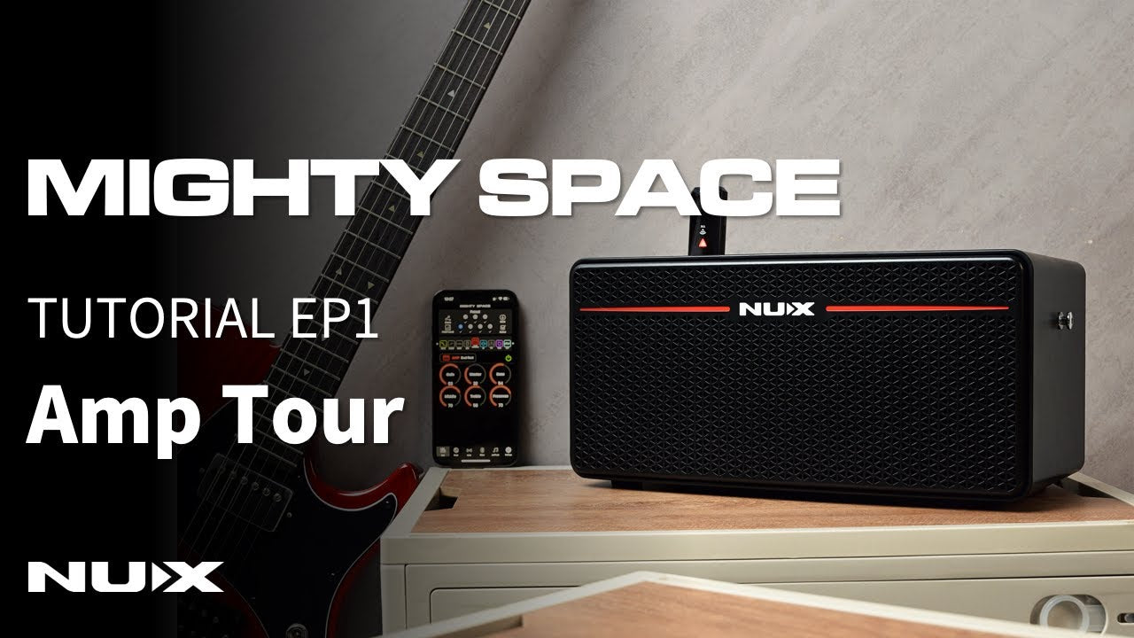 NUX amplifier with a guitar and effects pedal on a wooden surface, with 'Mighty Space' text overlay.