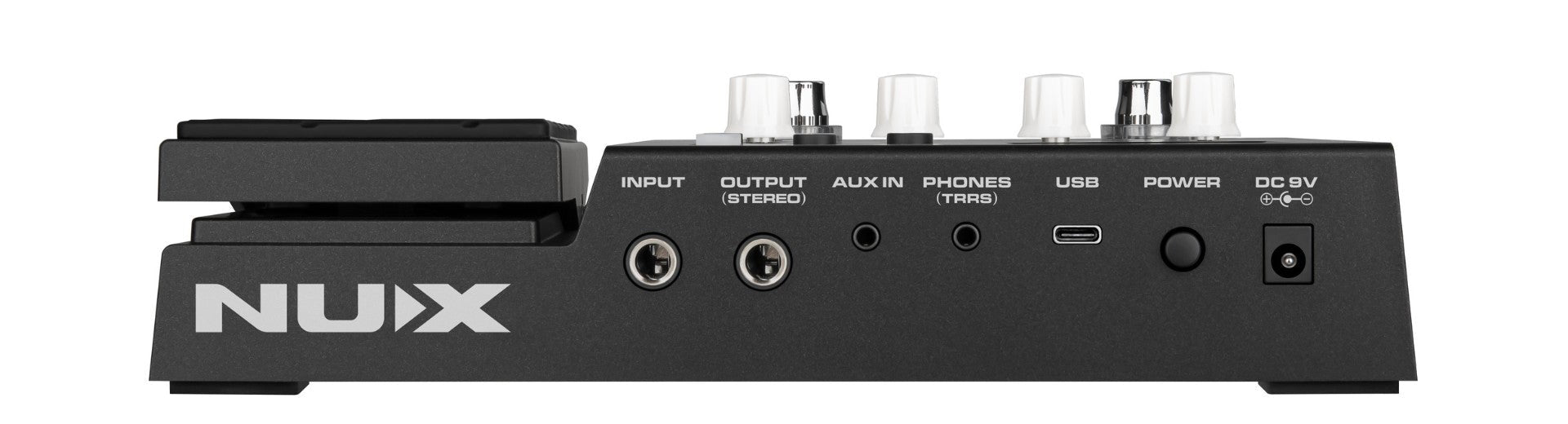 Back panel of a NUX MG-300 MKII  with various ports on a white background