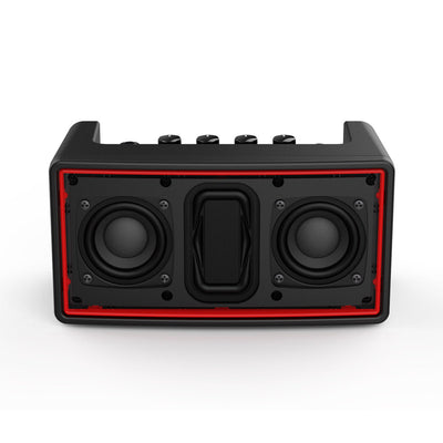Black and red portable NUX speaker on a white background