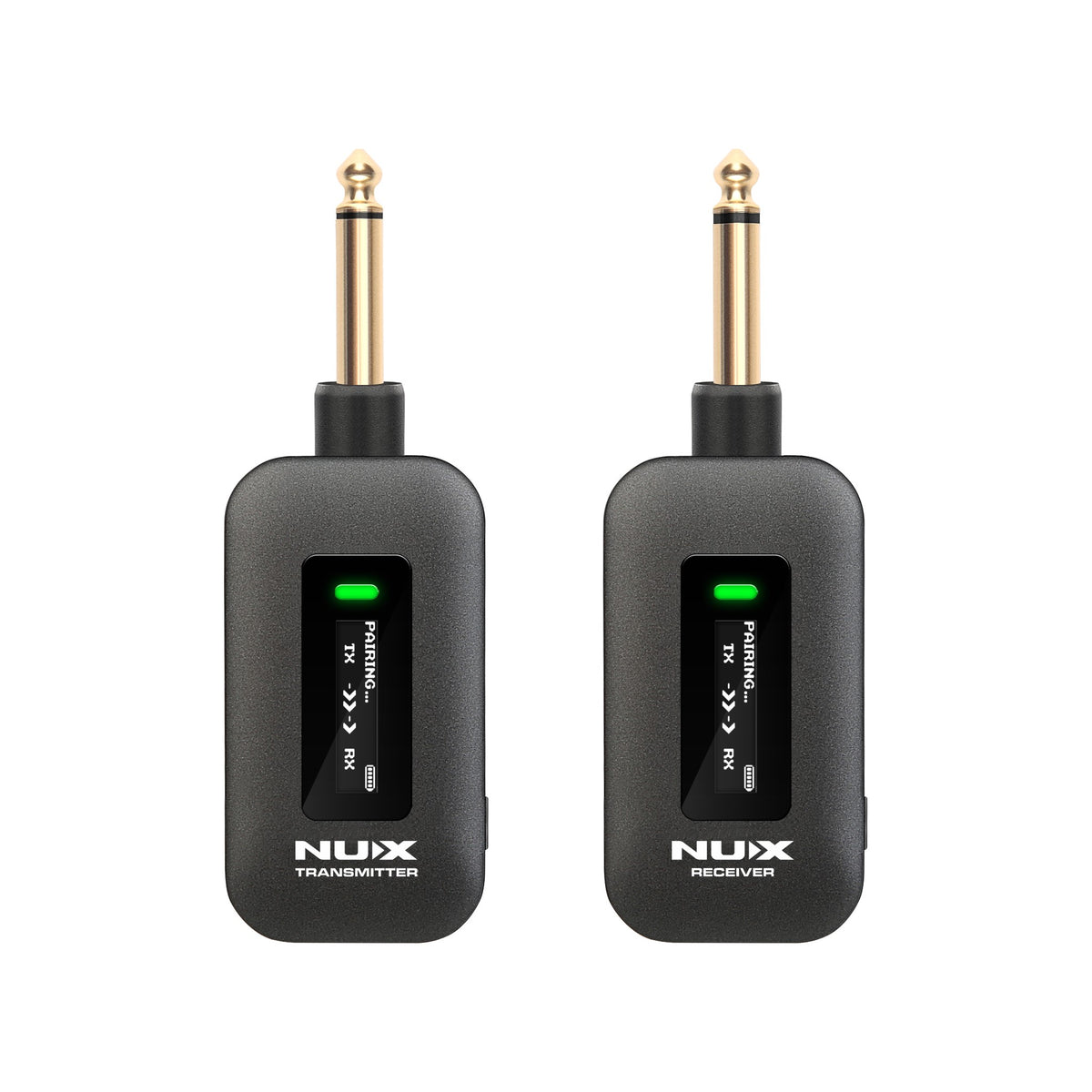 NUX C-58RC 5.8GHz wireless guitar system transmitter and receiver, front view with OLED displays, on a white background