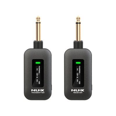 NUX C-58RC 5.8GHz wireless guitar system transmitter and receiver, front view with OLED displays, on a white background