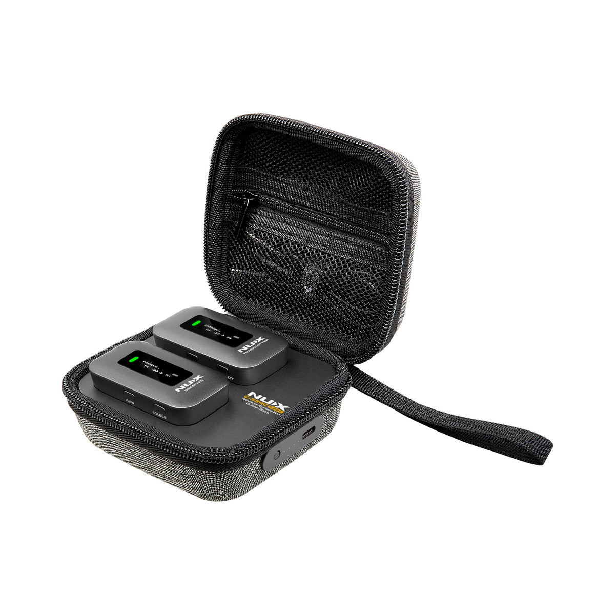 NUX C-58RC wireless guitar system transmitter and receiver charging inside the open magnetic charging case