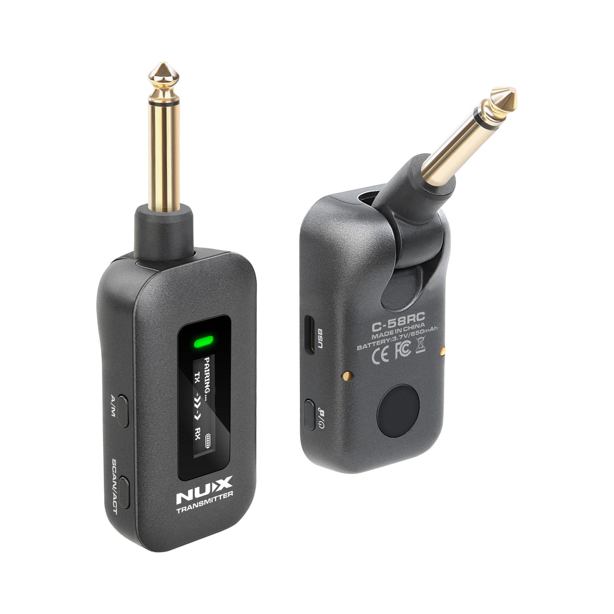 NUX C-58RC wireless transmitter front with OLED screen next to the receiver rear with its 1/4 inch jack rotated