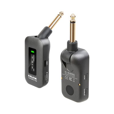 NUX C-58RC transmitter and receiver with rotating 1/4 inch auto-muting jack plugs for any guitar or bass output jack