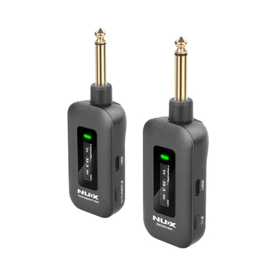 NUX C-58RC wireless guitar transmitter and receiver three-quarter view showing the slim, compact body